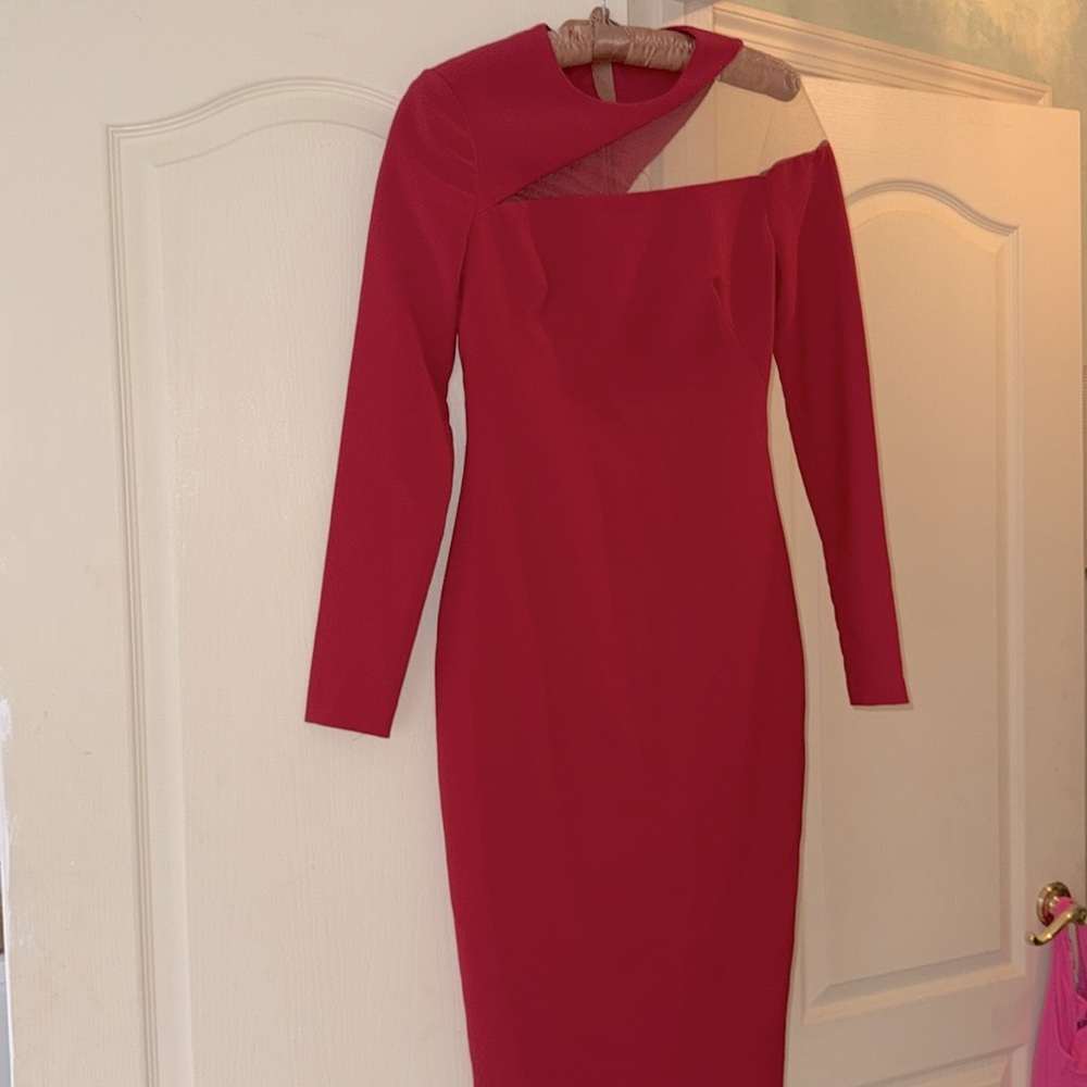 Thea red dress with clear mesh inserts. Sz0, fully lined back slit cherry red